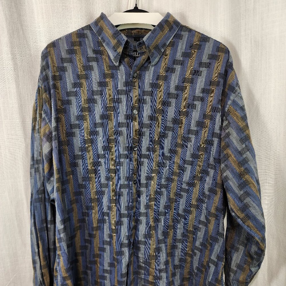 Gillio Dress Shirt XXL Hidden Button Down Collar Gray Blue Tan Abstract Stripe